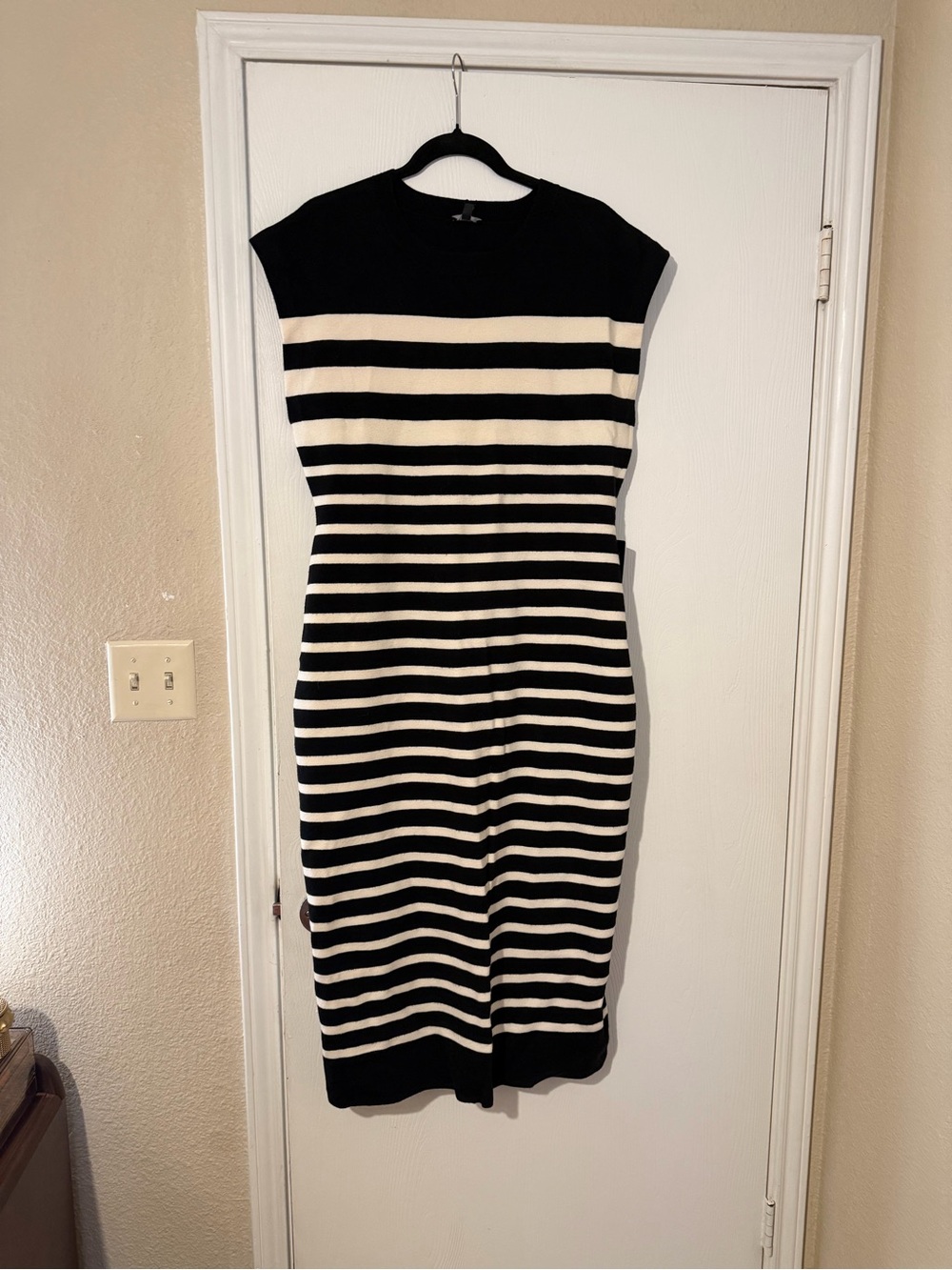 Black & Cream Striped Knit Dress - Classic Sleeveless Midi - Picture 3 of 3